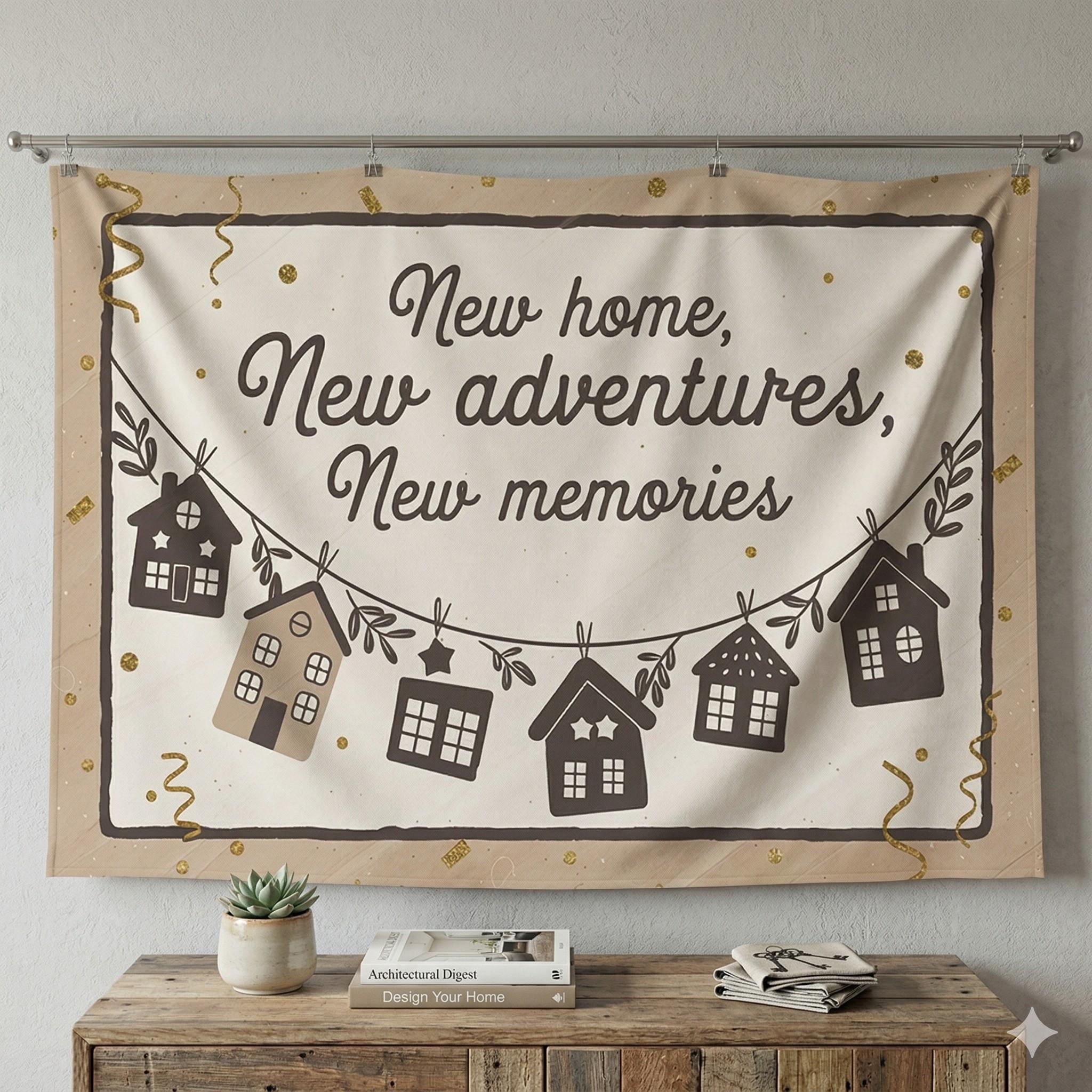 1pc Housewarming Party Banner - "New Home, New Adventures, New Memories" Backdrop Decor with Golden Glitter & Cartoon Houses  Polyester,  Perfect for Holiday Parties, Home Decor & Studio Props, Photo Booth Prop | Ru