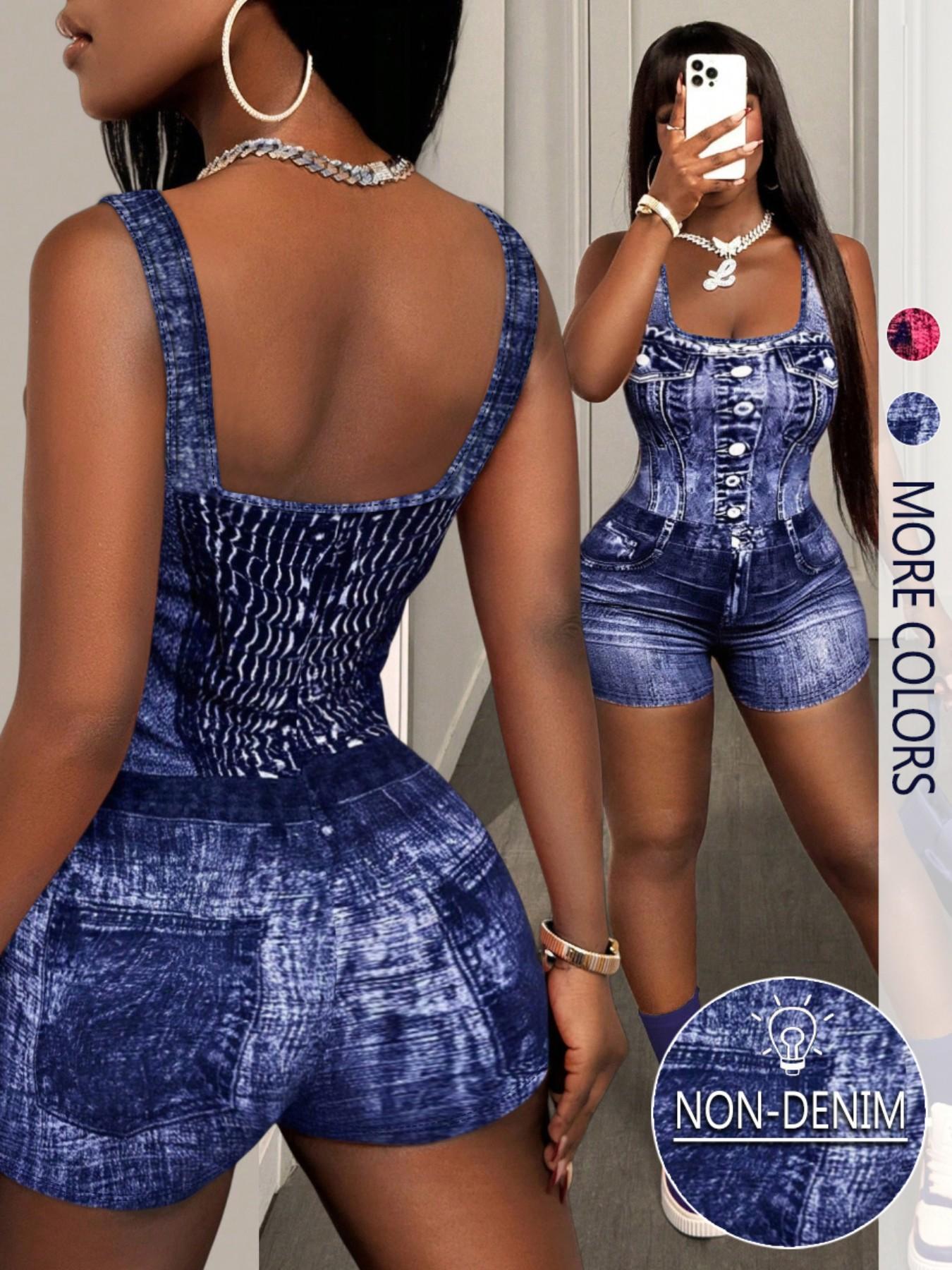 Women's denim print jumpsuit, casual sleeveless jumpsuit, suitable for everyday wear, women's slim fit jumpsuit, Sleeveless Strap Overalls