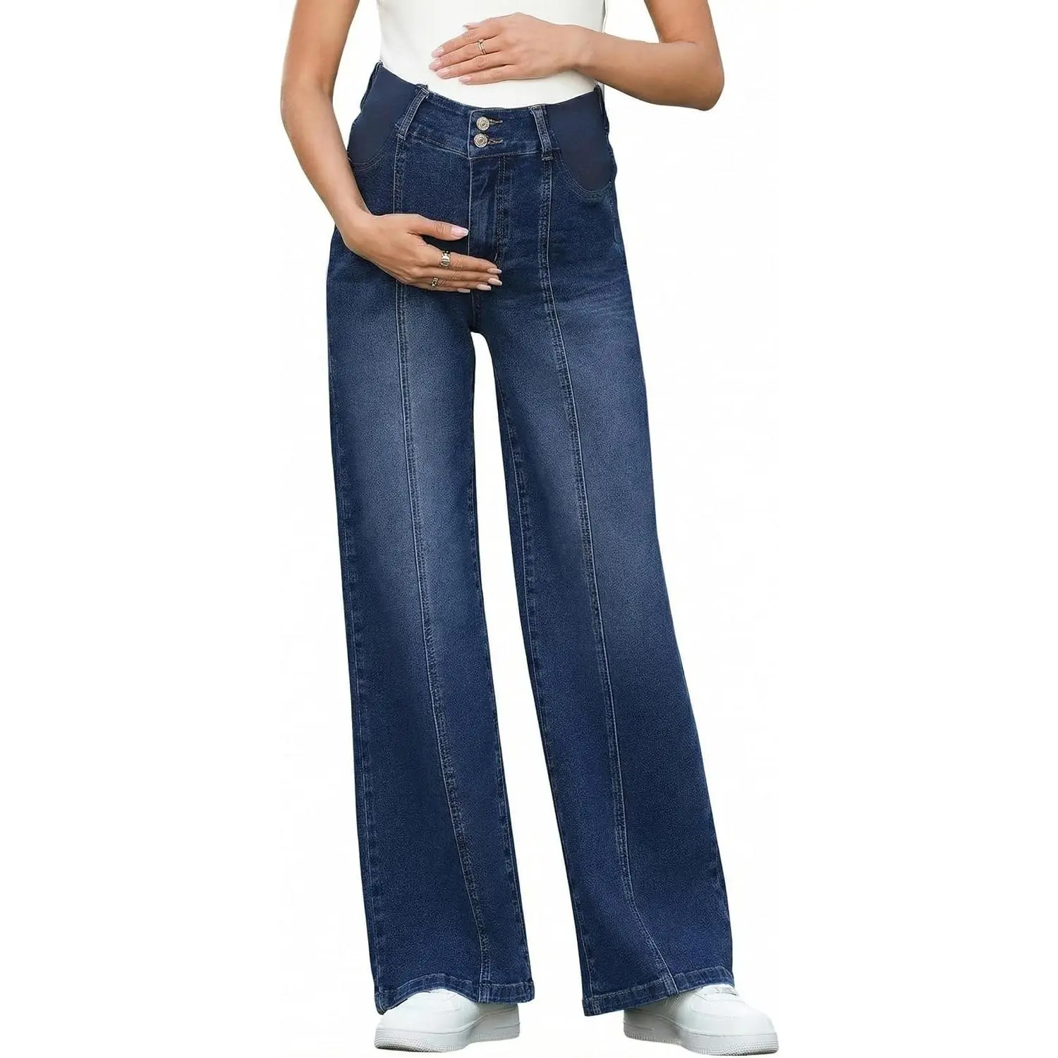 Women's Maternity Jeans Elastic High Waist Side Panel Wide Leg Stretchy Pregnancy Denim Pants
