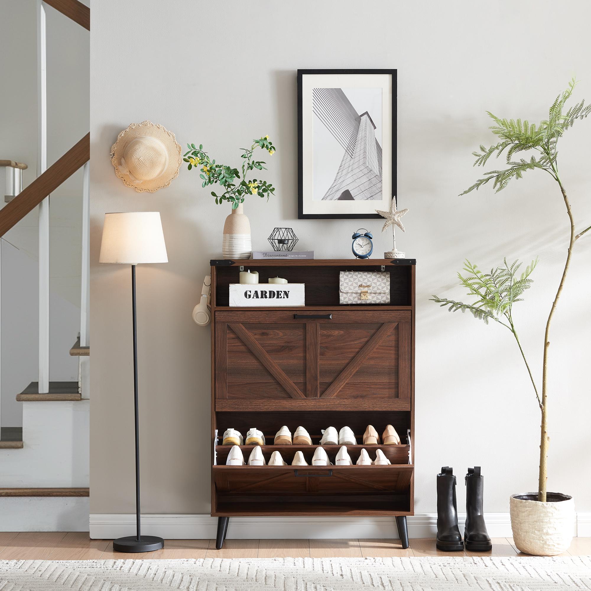 PieDle Furniture Shoe Storage Cabinet,Farmhouse Shoe Organizer with 2-4 Flip Drawers & Barn Door Design,Freestanding Hidden Slim Narrow Shoe Rack Cabinet with Open Storage for Entryway, Foyer,Hallway