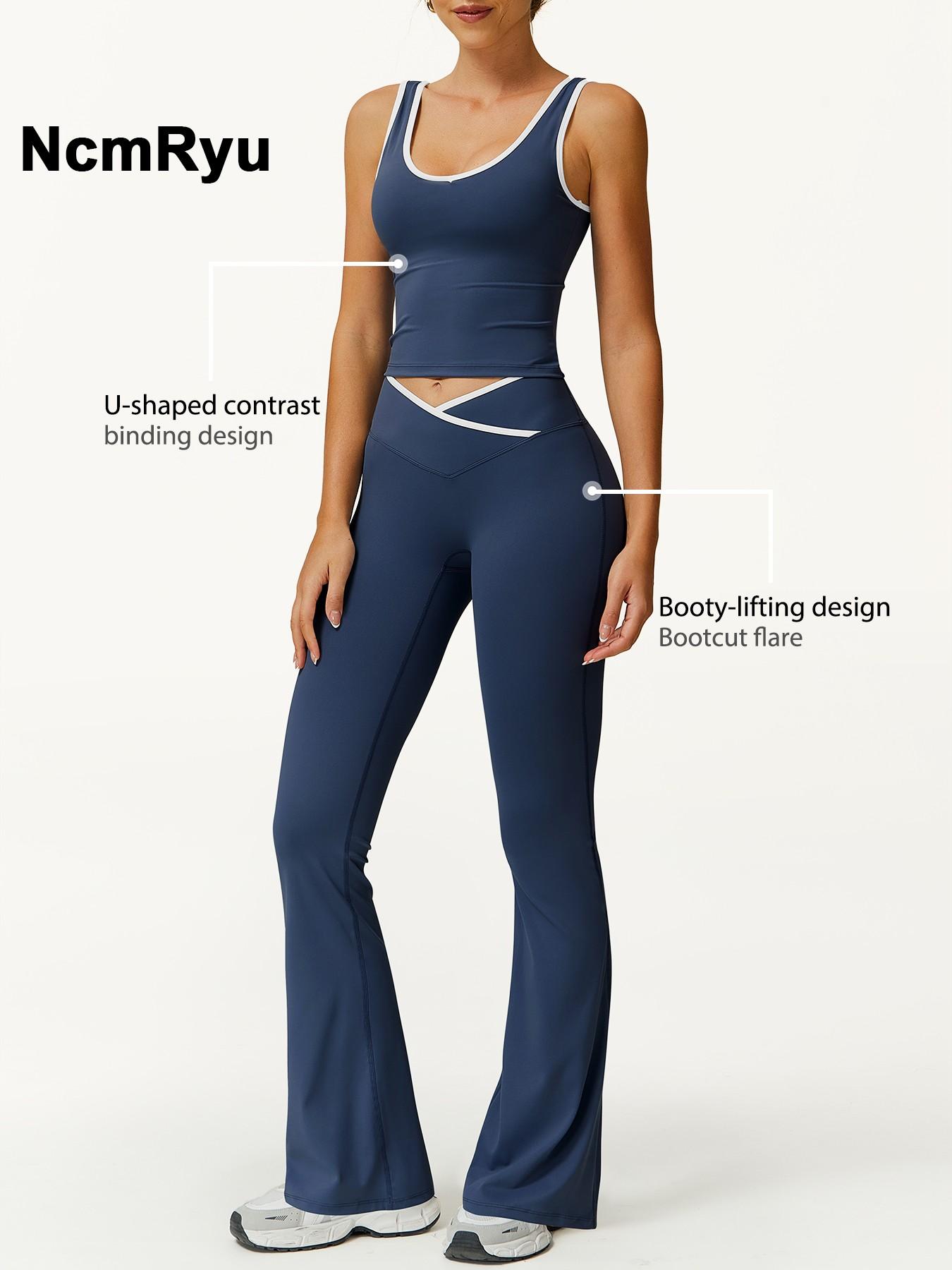 Two-Piece Set Women's Patchwork High Elastic Soft U-Neck Wide Shoulder Strap Vest Cross Waist Top Hip Flared Pants Yoga Clothes Four Seasons Running Gym sports training all-match vest, Workout Running Outfits, Activewear Set, Athleisure Sportswear Set