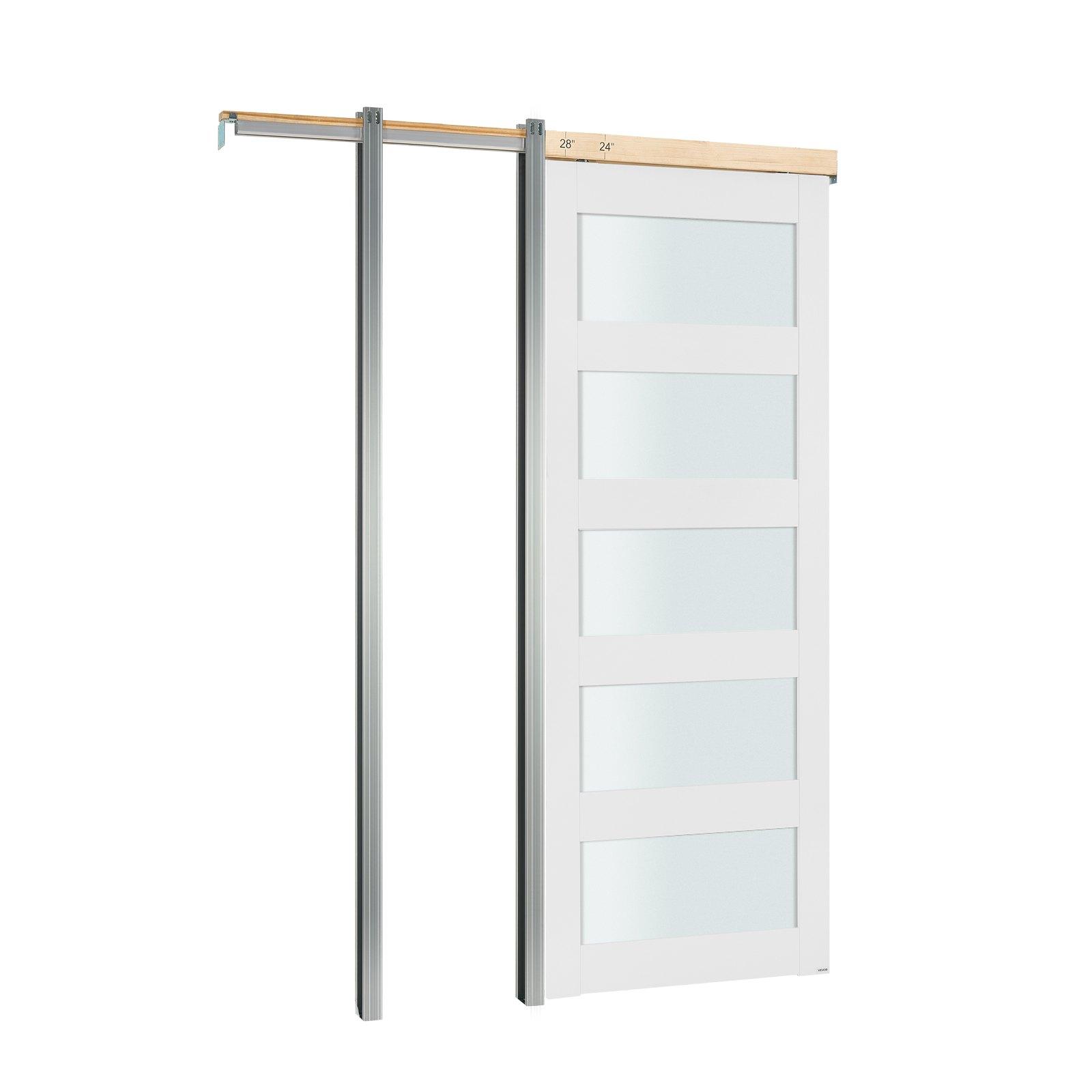 VEVOR Sliding Pocket Door, 36" x 80", 5-Lite Frosted Glass Single Sliding Door with Hardware Kit, Sturdy Solid Wood MDF Pocket Doors Slab with Waterproof Surface for Bedroom Kitchen Study Room