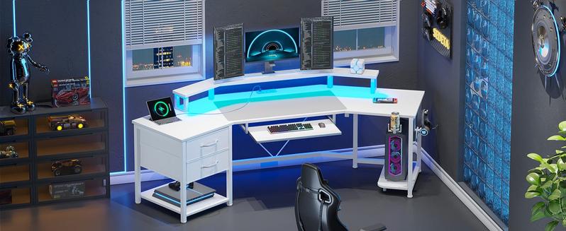 Sikaic 79 Inches Wing Shaped LED Gaming Desk With 2 Fabric Drawers Storage Shelf