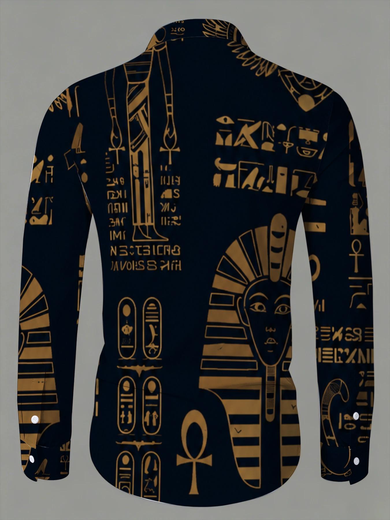 Men's Egyptian Pharaoh Totem Long Sleeve Shirt, Dark Blue Base with Gold Printing, Fashion Casual Loose Lapel Top, Retro Exotic Pattern Design, Daily Commuting Versatile Style Suitable for leisure and sports scenarios