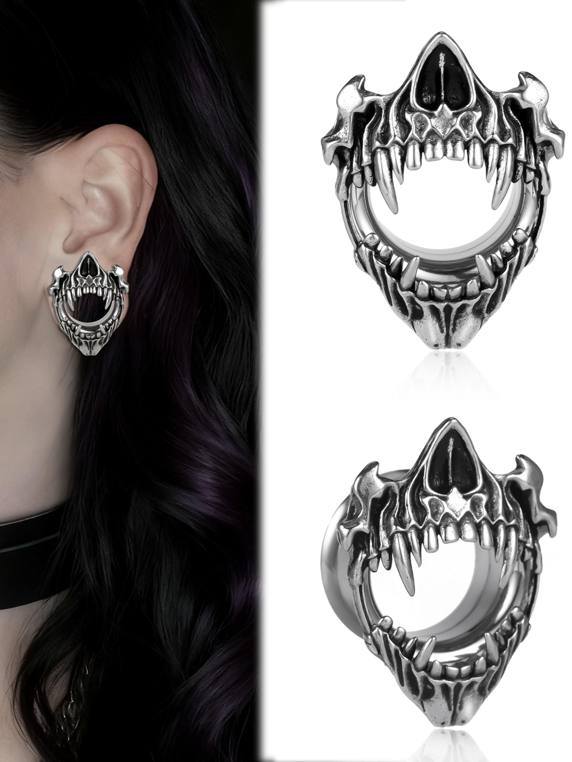 vanku 2pcs Gothic Skull Ear Tunnels, 316 Stainless Steel Halloween Punk Piercing Gauges, Casual Style for All Seasons, Plain Design