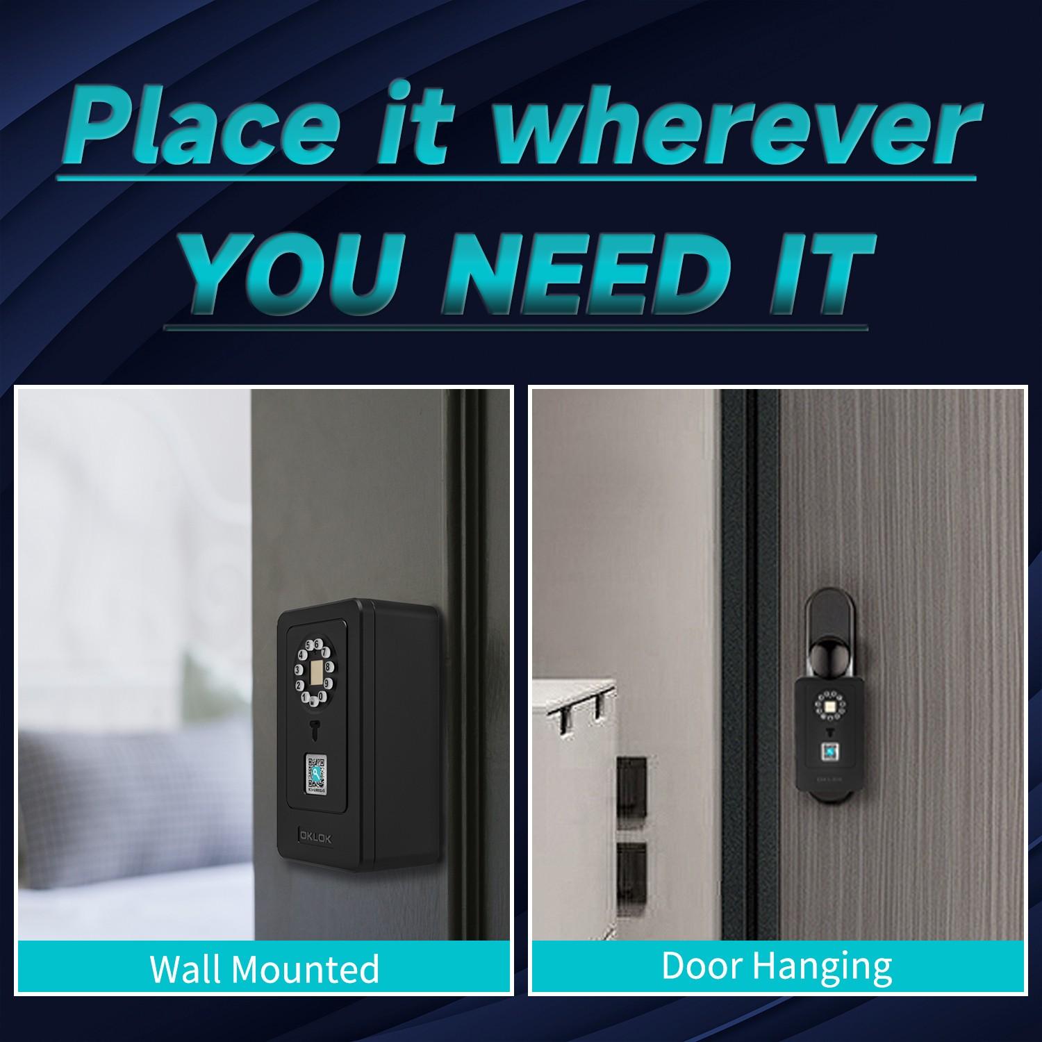 OKLOK New Smart Lock Boxes, Fingerprint Key Box, Bluetooth-compatible Key Box with APP Control & Passcode, Waterproof Wall Mounted & Door Hanging