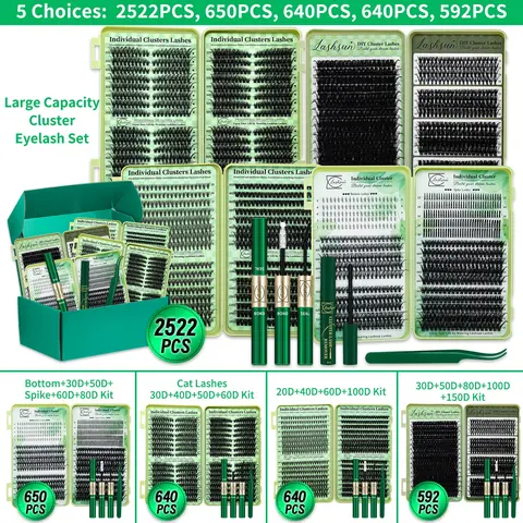 【Black Friday】2522/650/640/592-Piece DIY Lash Cluster Kit, D-Curl Mixed-Length Eyelash Extensions in 14 Spiky, Wispy, and Volume Styles, with Bond & Seal and Tweezers, Beginner-Friendly and Easy to Apply at Home for Daily Makeup