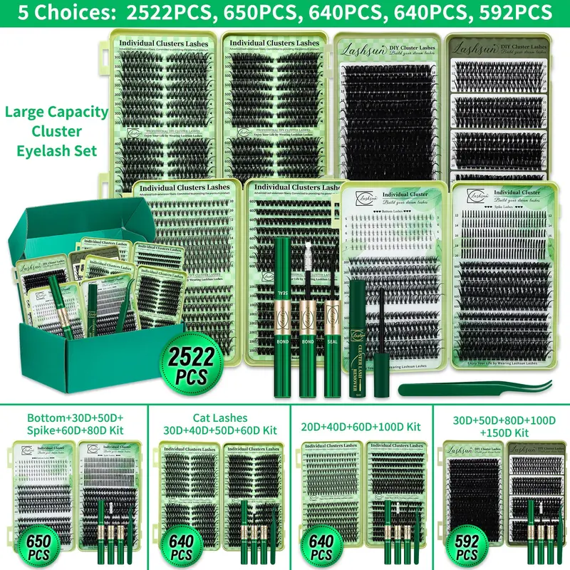 【Black Friday】2522/650/640/592-Piece DIY Lash Cluster Kit, D-Curl Mixed-Length Eyelash Extensions in 14 Spiky, Wispy, and Volume Styles, with Bond & Seal and Tweezers, Beginner-Friendly and Easy to Apply at Home for Daily Makeup