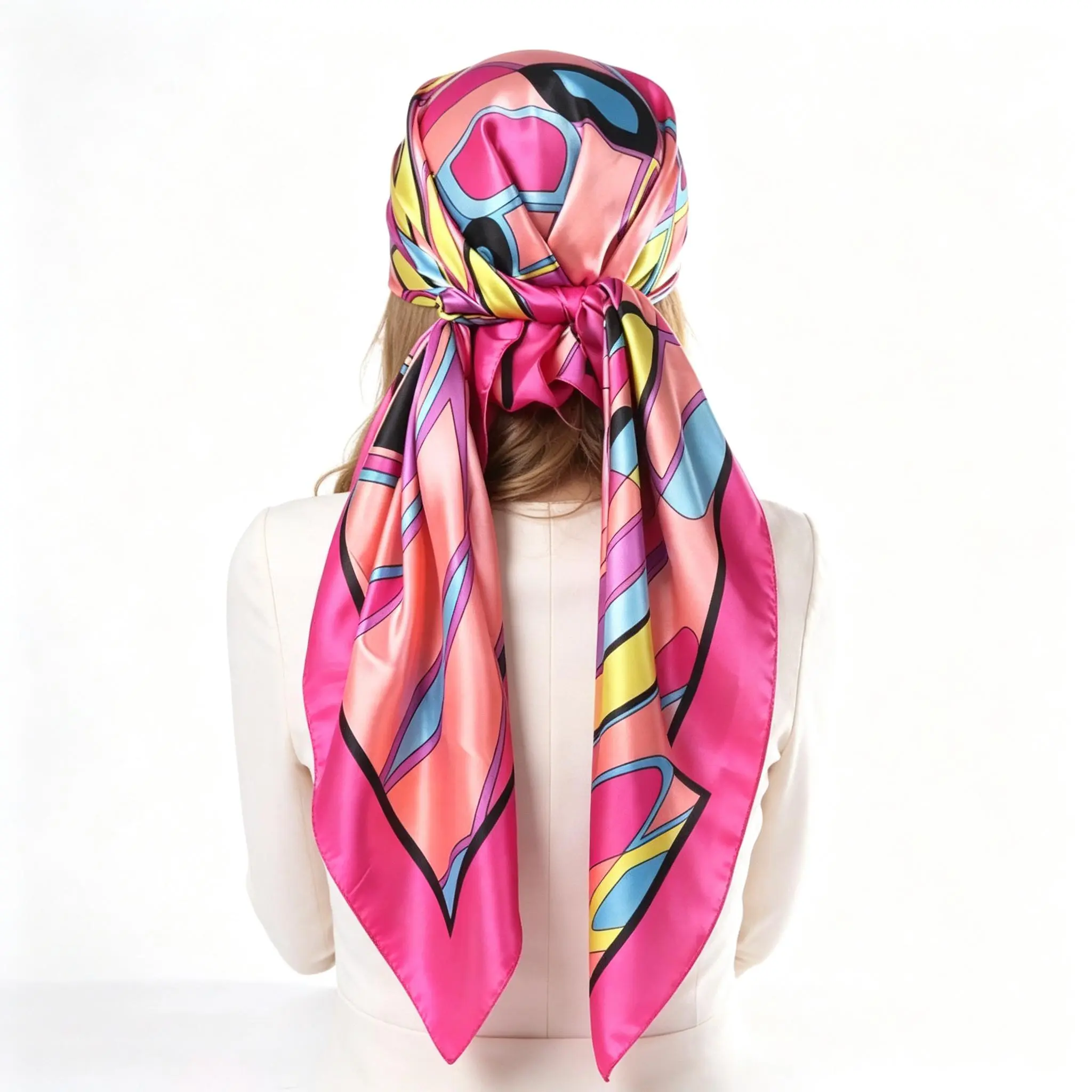 Women’s 90cm Satin Square Scarf, Elegant Geometric Chain Print Headscarf, Silky Smooth Shawl, Versatile Fashion Accessory For Daily Wear & Head Wrap Styling
