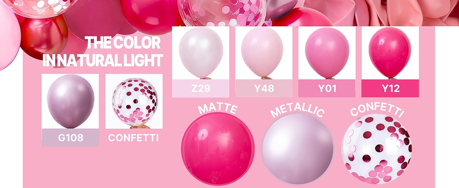 66-Pc 12-Inch Thick Light Pearl Metallic Pink Latex Balloon Set - Mauve, Magenta, Fuchsia, Hot Pink, Confetti, Floatable for Wedding, Princess Theme Balloon Decor, Birthday, Anniversary, Graduation