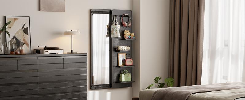 【School】Pegboard Mirror, 100% Solid Wood - No MDF, Mirror with Shelf & Hooks, Rustic Wall-Mounted Mirror with Multifunctional Panel for Bedroom, Living Room, Entryway