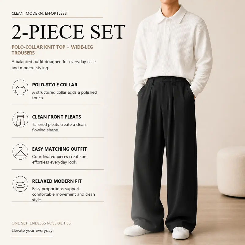 Men's Coordinated 2-Piece Knit Outfit, Polo Collar Ribbed Knit Sweater with Wide Leg Tailored Pants, 8 Curated Solid Color Pairings, Sizes S-XXL, Daily Work Travel Style, Group 1