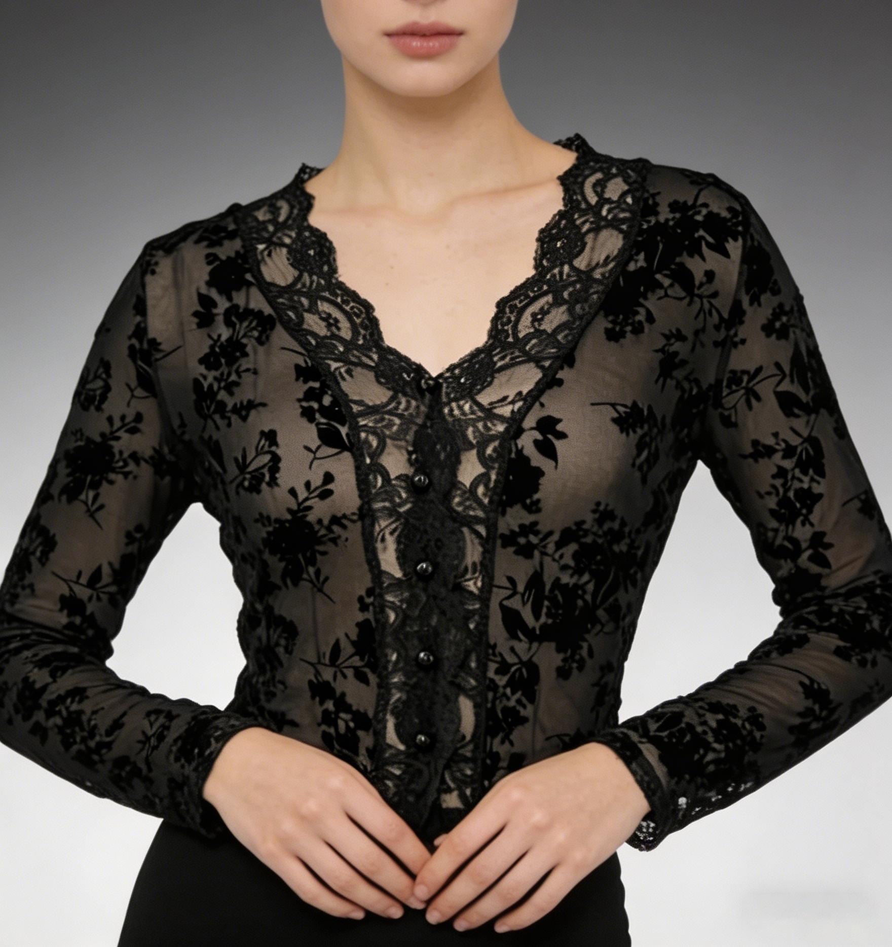 2026 Fashion Floral Mesh Top, Dark Sexy Aesthetic, Spring & Fall Y2K Style, Geometric Pattern, Fitted Design, Women's Clothing