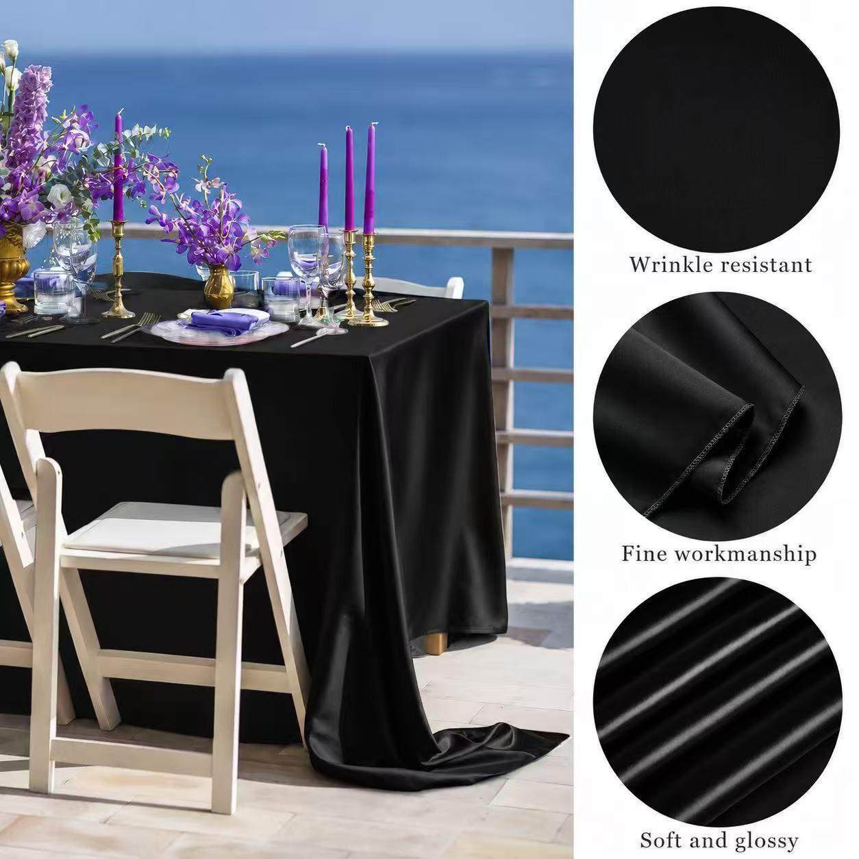 Black Shiny Satin Tablecloth, Luxurious Smooth Silky Satin Table Cloth, Elegant Table Cover for Wedding Reception, Birthday Party, Hotel Event Decoration, Rectangle Round Table Use