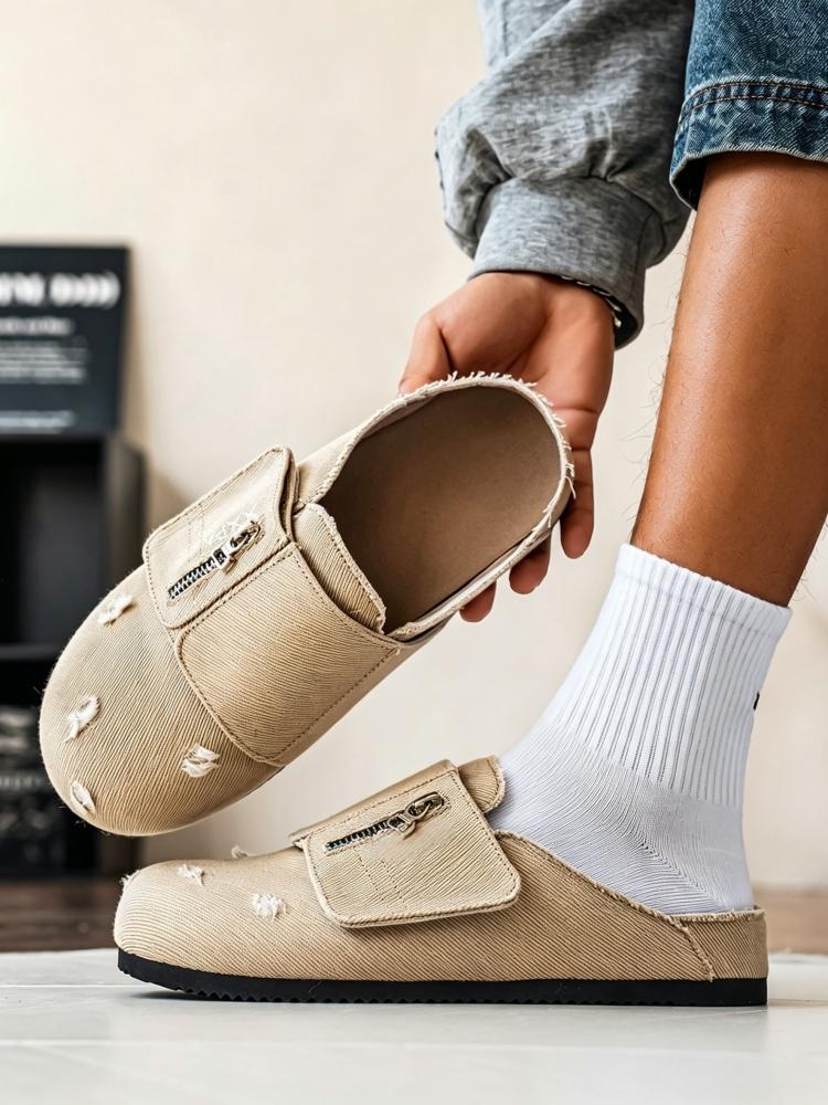 1 Pair Men's 3-Color Vintage Denim Mule Slides Distressed Ripped Washed Denim Zipper Decor Hook & Loop Lazy Mules Size 39-45 Home & Shopping - Hook & Loop Closure, Easy to Wear for Daily Outings