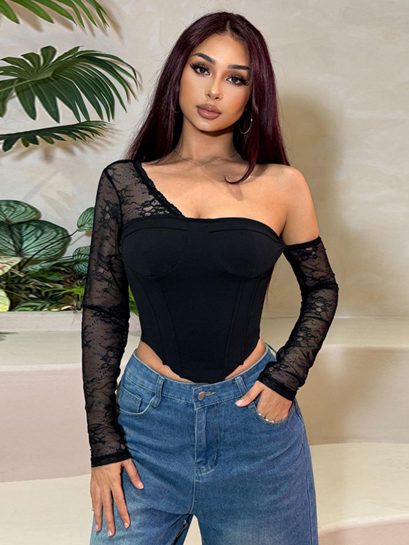 Women's Contrast Floral Lace Sheer Corset Crop Tee, Asymmetrical Neck Long Sleeve T-shirt for Spring & Fall, Women's Clothing for Daily Wear