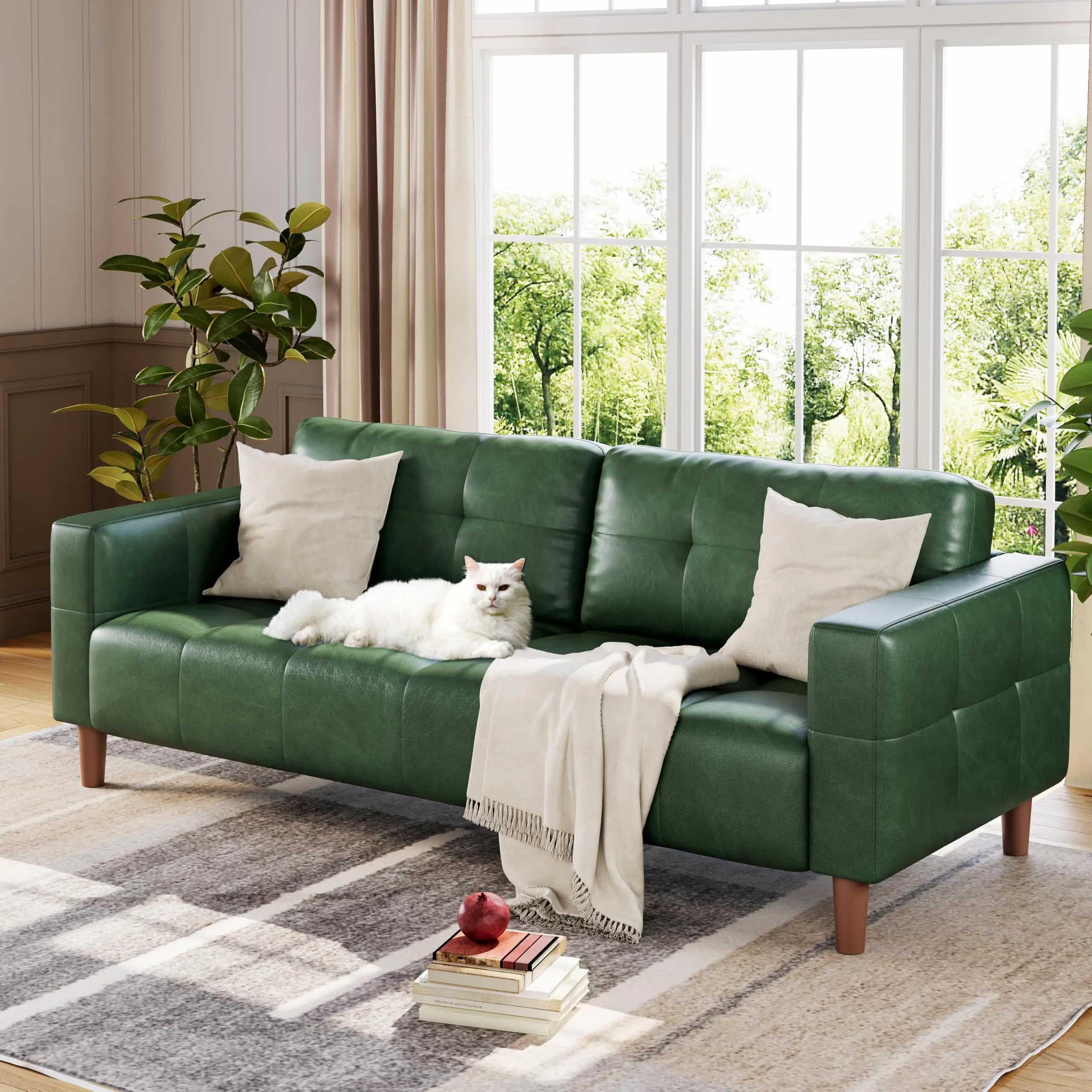 Garvee 3-Seater Sofa Couch, 83 in Wide Faux Leather Sofa Couch with Spring Cushion, Modern Sofa with Deep Seats and 2 Removable Back Cushions, for Living Room, Bedroom, Apartment, Office, Green