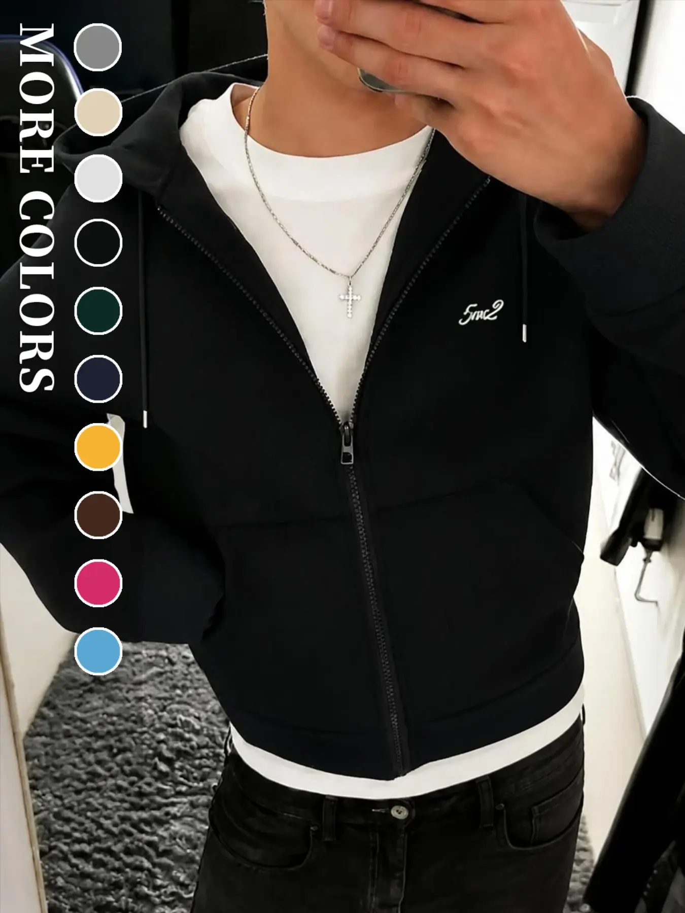 Men's Solid Cropped Zip Up Hoodie, Casual Graphic Hoodie, Minimal Embroidery Hooded Jacket With Drawstring And Kangaroo Pocket, Slim Short Length Streetwear Sweatshirt, Versatile Outerwear For Spring Autumn Layering, Daily Commute, Clean Fit