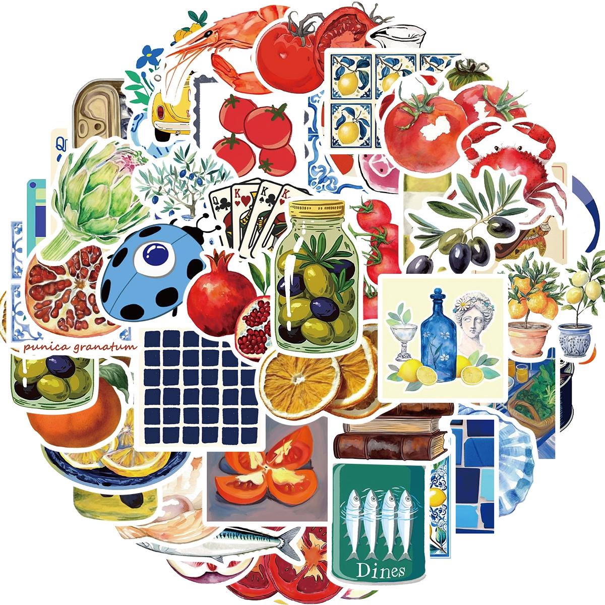 Mediterranean Food Sticker, 50pcs Cartoon Mediterranean Tomato Food Vinyl Decals for Decor Laptops, Aesthetic Cute Lemon Labels Sticker for DIY Scrapbook