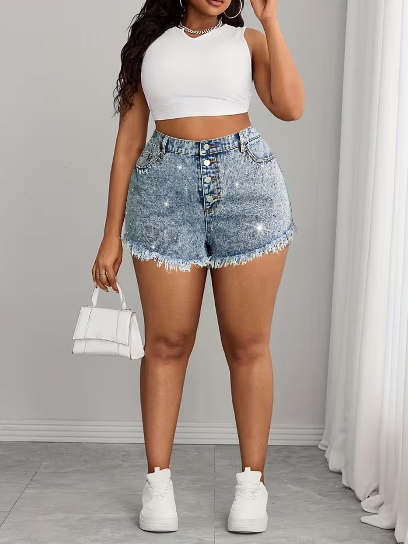 Plus Size Women's Rhinestone Embellished Washed Denim Shorts, Faux Fur Hem Design, Trendy Casual Wear for All Seasons