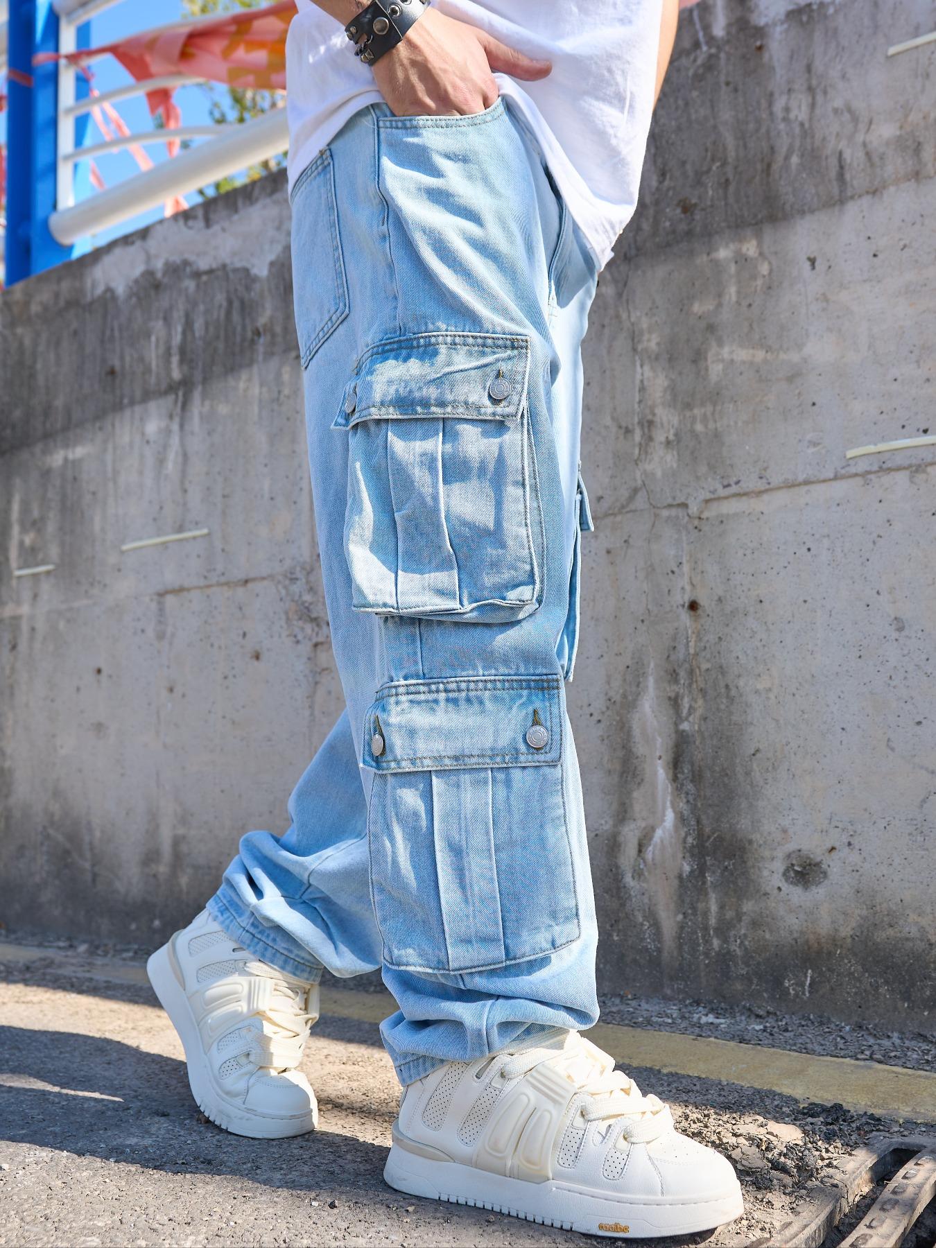 Men's Solid Flap Pocket Cargo Jeans, Loose Casual Street Fashion Denim Pants for Daily Wear, Men's Trousers for All Seasons