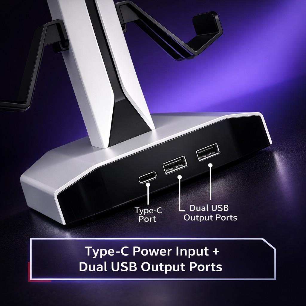 Headphone & Controller Stand with RGB Light, Rotatable Headset Stand, 9 Light Modes, 2 USB and Type-C Ports, Gaming Accessories