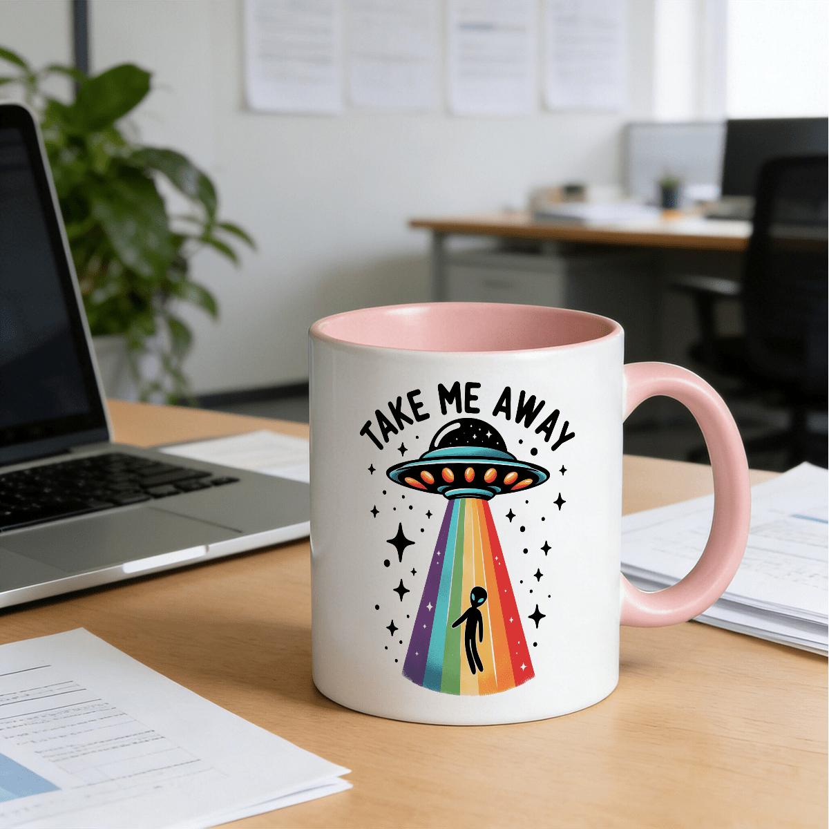 11oz Ceramic Alien Theme Single Mug - Modern Take Me Away Spaceship Design, Rainbow Accent, Smooth Finish Kitchenware Drinkware, Unisex Birthday Gift Drink