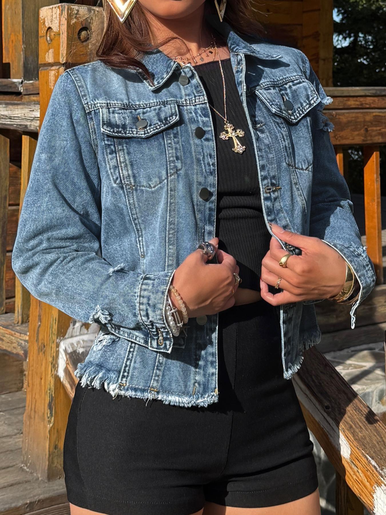 【Plus Size】 Solid Ripped Button Front Denim Jacket, Casual Long Sleeve Pocket Outerwear for Summer, Women's Clothes for Daily Wear