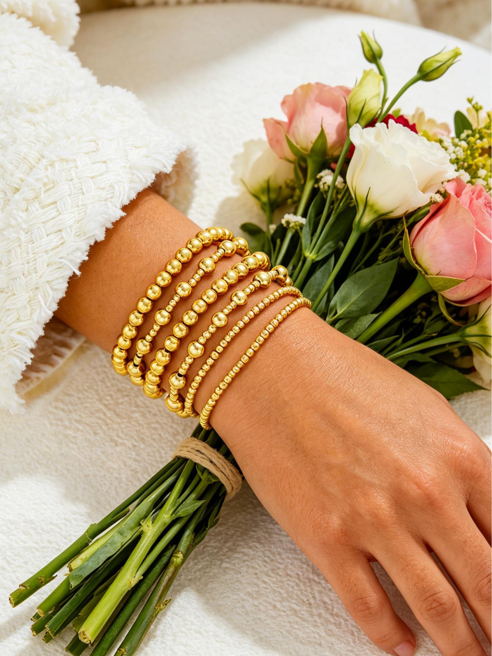 Women's Waterproof Bracelet Set, Adjustable Stackable Beaded Ball Chain Jewelry Gift, Elegant Ladies Accessory