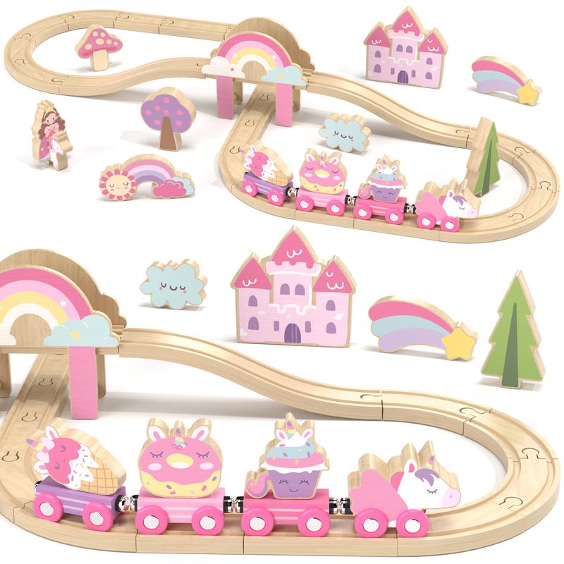 Lehoo Castle 38pcs72pcs Wooden Train Set, Train Set for kids, Wooden Train Track for Girls, Train Set with Tracks & Accessories, Unicorn Toys for Girls, Montessori Toys for Boys & Girls