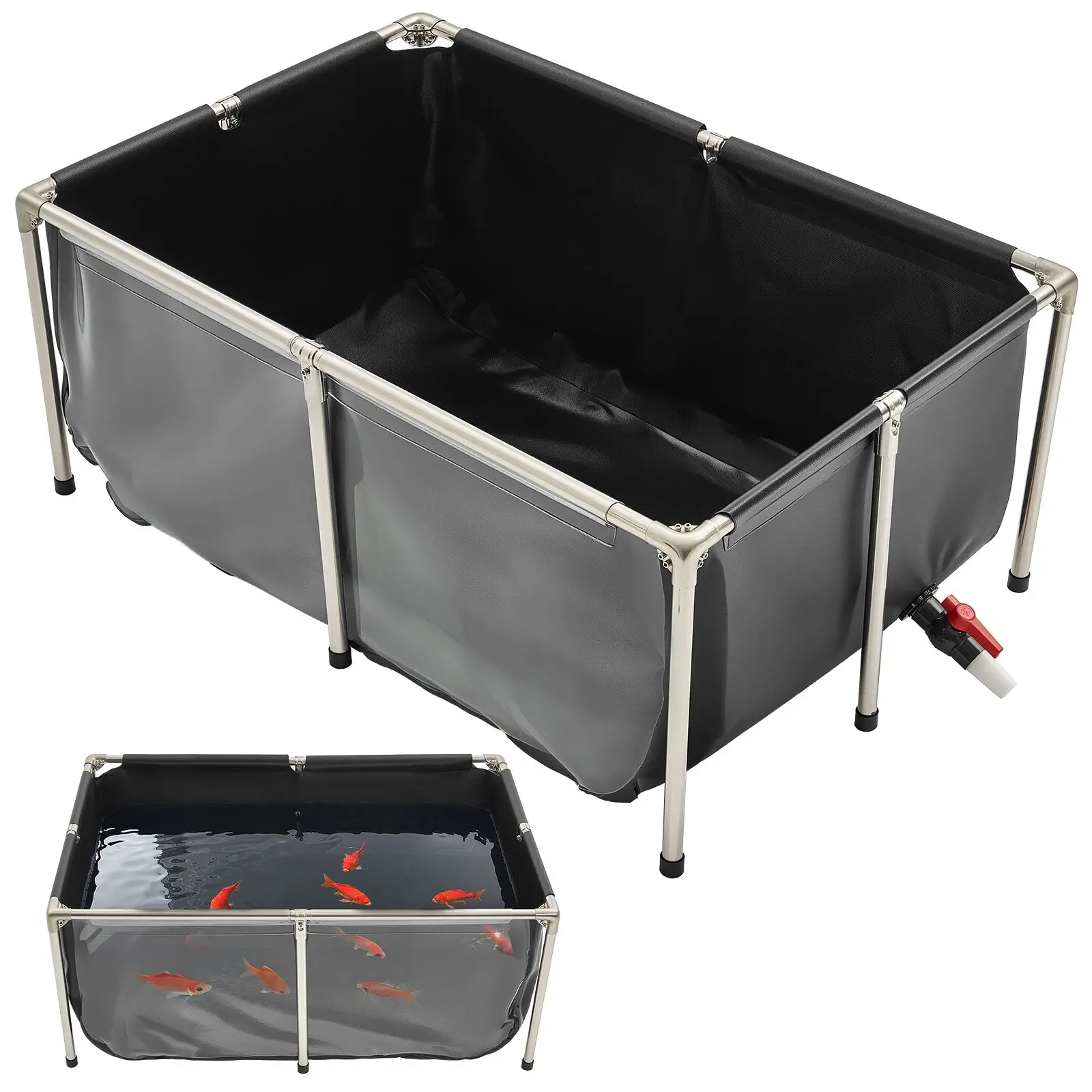 VEVOR Canvas Fish Pond, 126.8 Gal Above Ground Fish Pond, PVC Koi Tank with Clear Viewing Panel, Rectangular Goldfish Tank with Stainless Steel Frame Drain Valve, for Breeding Koi, Irrigation(Black)