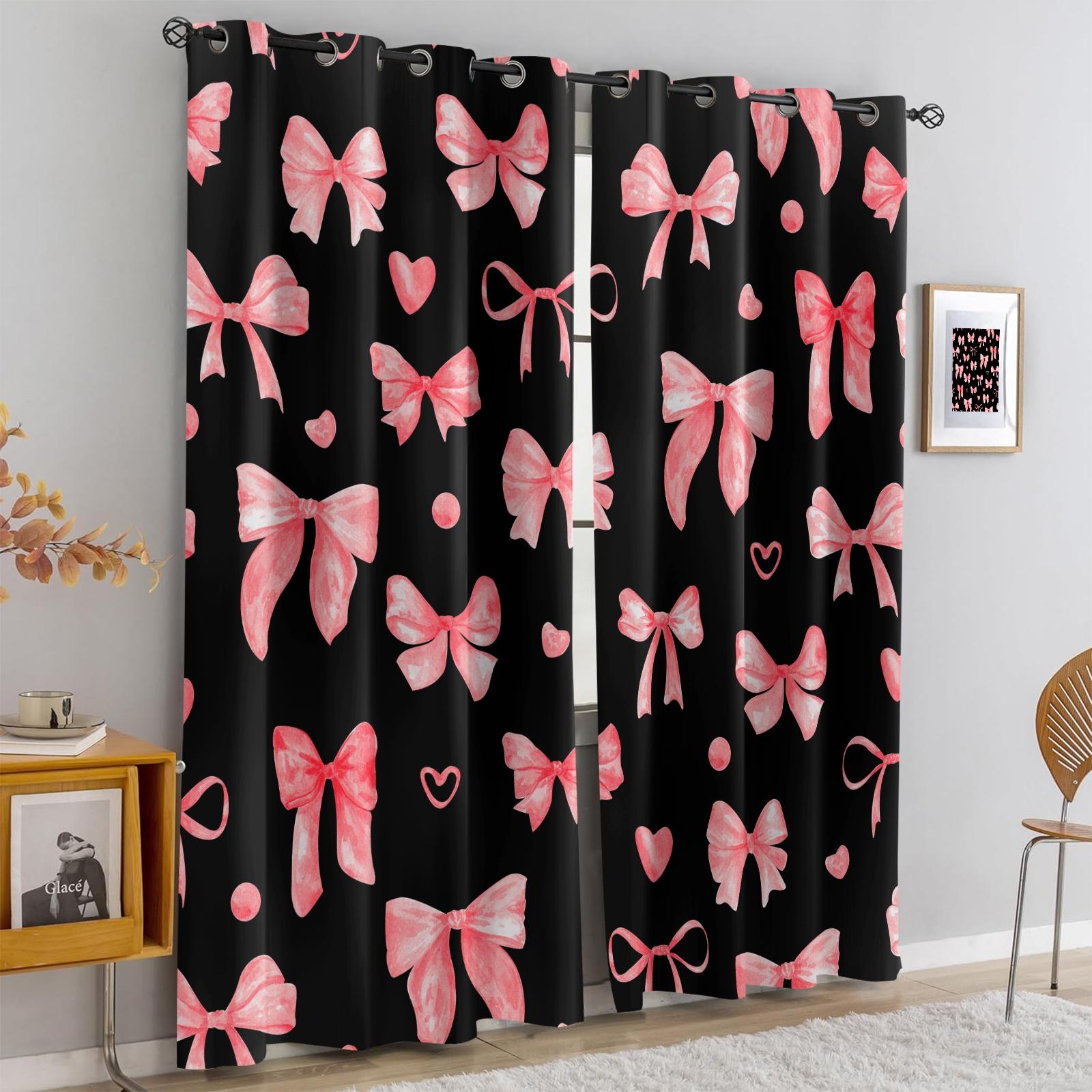 2 Panels Set Cute Coquette Bow Print Blackout Curtains, Y2K Aesthetic Darkening Grommet Window Drapes, Privacy Protection & Light Blocking, Perfect for Bedroom, Living Room, Dorm & Girls' Room Trendy Home Decor