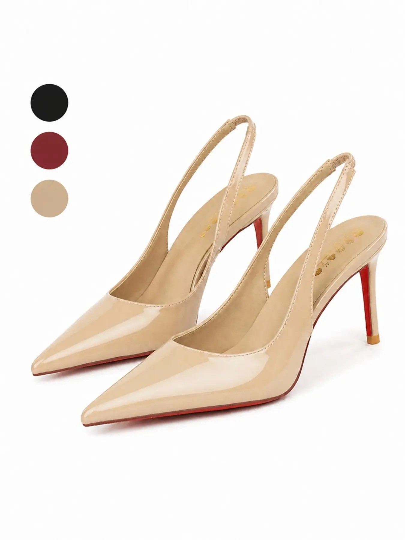 Women's glossy patent leather pointed-toe slingback stiletto heels; elastic sling strap at the heel, flexible and comfortable without pinching feet; signature red anti-slip outsole. Simple and sexy women's heeled pumps