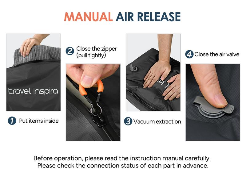 travel inspira Vacuum Bags with Pump - Ultra-Durable Nylon Space Saver Compression Solution for Suitcases & Backpacks, Reusable, Lightweight, IP67 Airtight Zipper Seal, Light Black 2 Bags Set, outdoor