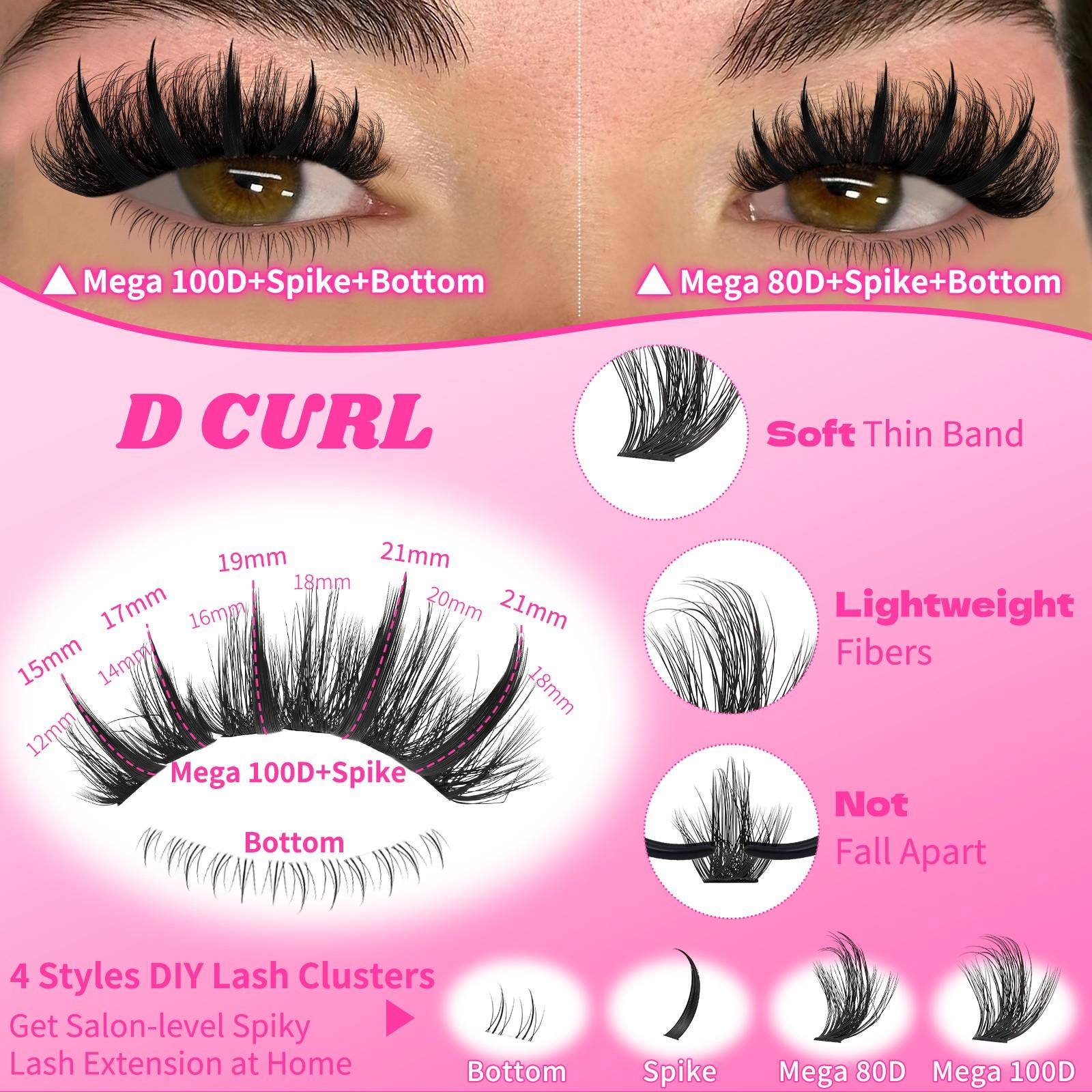 LASH SKYQD 472pcs 4 Styles D Curl False Eyelash Cluster Kit, Bottom/Spike/Mega 100D/Mega 80D Volume Lash Extensions Kit With Lash Bond and Seal Tweezers, Perfect for Beginners & Proficient, DIY at Home Easily, Easy Apply for Makeup Daily