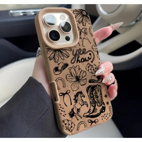 Floral Patterned Western Art Cellphone Casing for iPhone 18/17/16/15 Pro Max/14 Plus/13/12/11 Pro/Air Devices, Suede+TPU Material, Suede-Like Texture, Shockproof, Anti-Smudge, Drop-Proof Soft Protection Cover