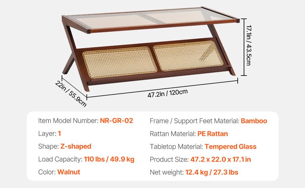 VEVOR Rattan Coffee Table, Z-Shaped Rattan Woven Bamboo Coffee Table with Tempered Glass Top, 47 Modern Boho Storage Coffee Table with Natural Bamboo Legs, for Living Room, Bedroom Small Spaces