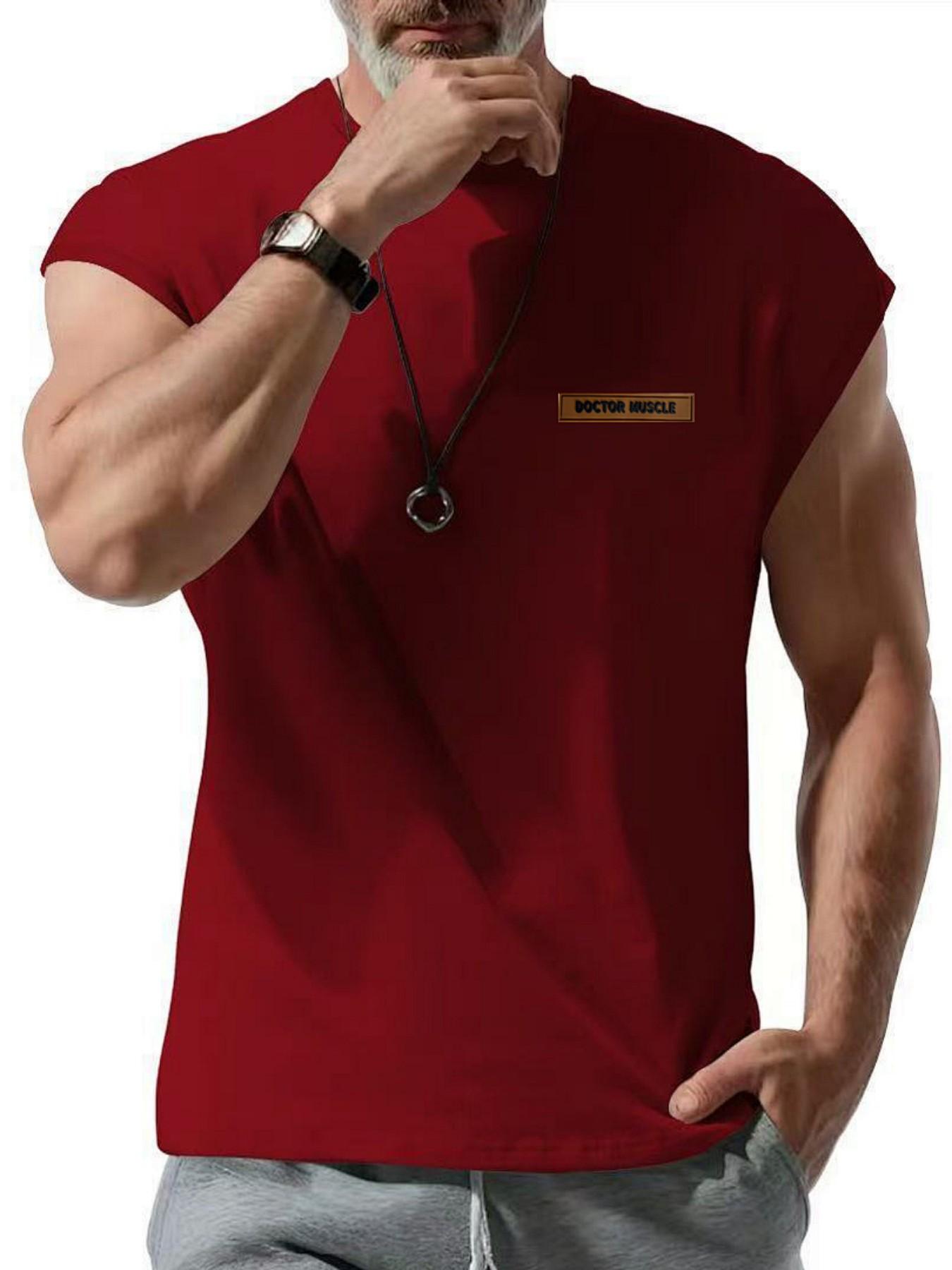 Men's Casual Round Neck Muscle Tank Top, Breathable Summer Sports Shirt with Leather Patch Details, Comfortable and Stylish