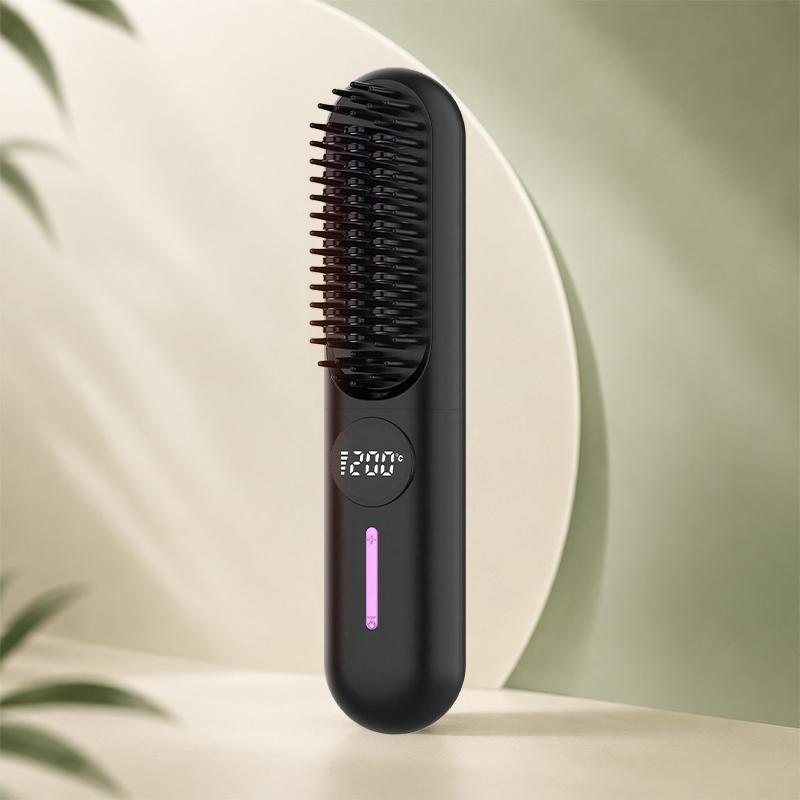 Cordless Hair Straightener Brush, Portable Rechargeable Heated Styling Brush with 7 Temperature Settings, USB-C Hair Smoother for Fine to Medium Hair, Travel Hair Styling Tool