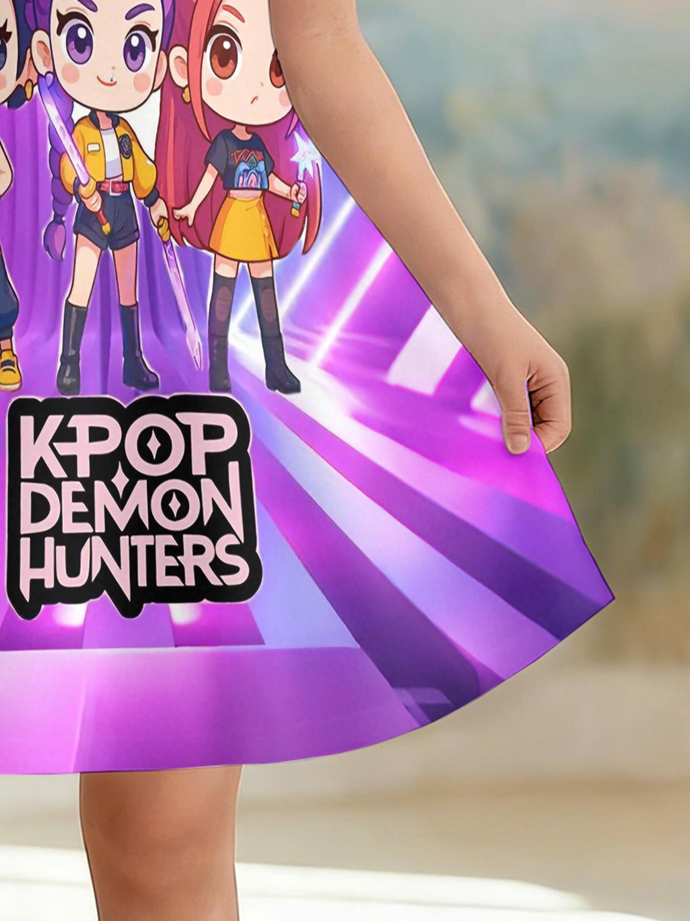 Girls' 3D Short Sleeve Dress, K-Pop Demon Hunters Full Print Summer Dress, Perfect for Parties, Festivals, Gifts, Birthday Presents