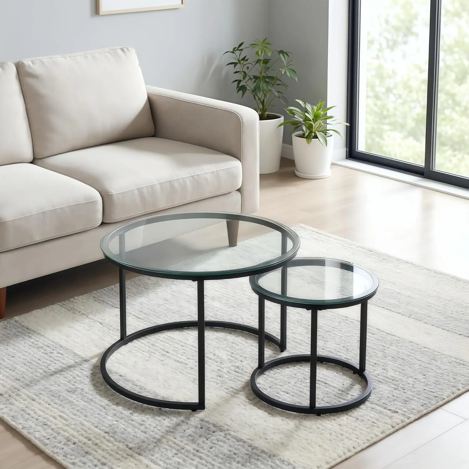Round Nesting Coffee Table Set of 2, Glass Stacking Minimalist End Table