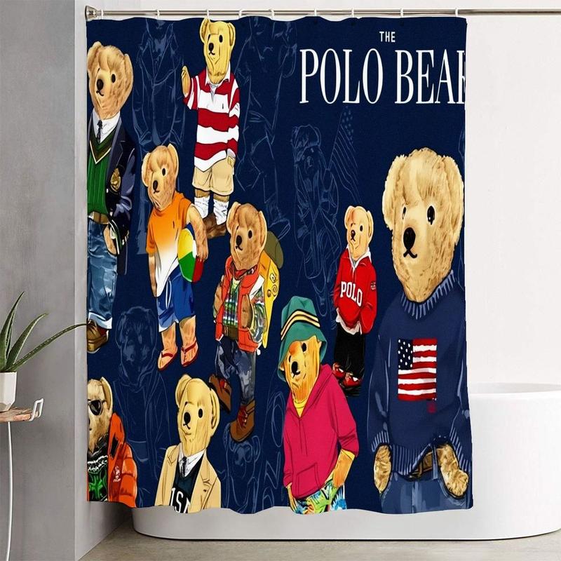 1/4pcs The Polo Bear Bathroom Set - Dark Blue Shower Curtain with Bear Illustrations (Striped Shirts, Casual Attire), Matching Toilet Seat Cover & Bath Mat, Home Decor for Playful Themed Bathrooms, Shower Curtain Sets 1/4pcs The Polo Bear Bathroom Set - Dark Blue Shower Curtain with Bear Illustrations (Striped Shirts, Casual Attire), Matching Toilet Seat Cover & Bath Mat, Home Decor for Playful Themed Bathrooms, Shower Curtain Sets