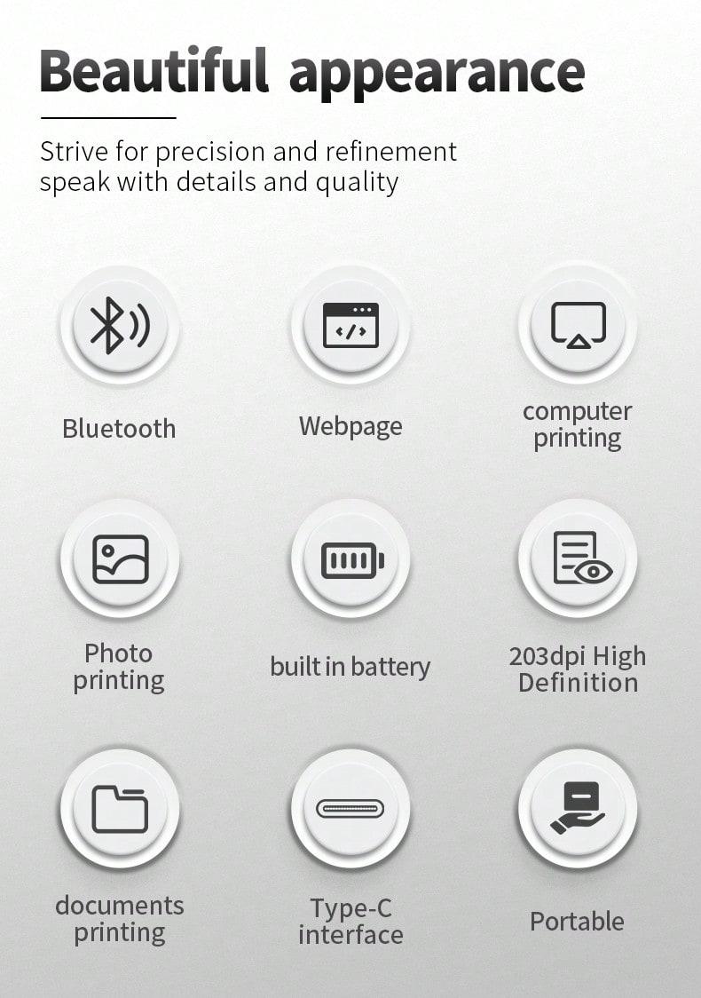 Portable Wireless Inkless Printer, Bluetooth-compatible Thermal Printer Compatible with iOS Android Laptop, Supports Us Letter and A4 Paper