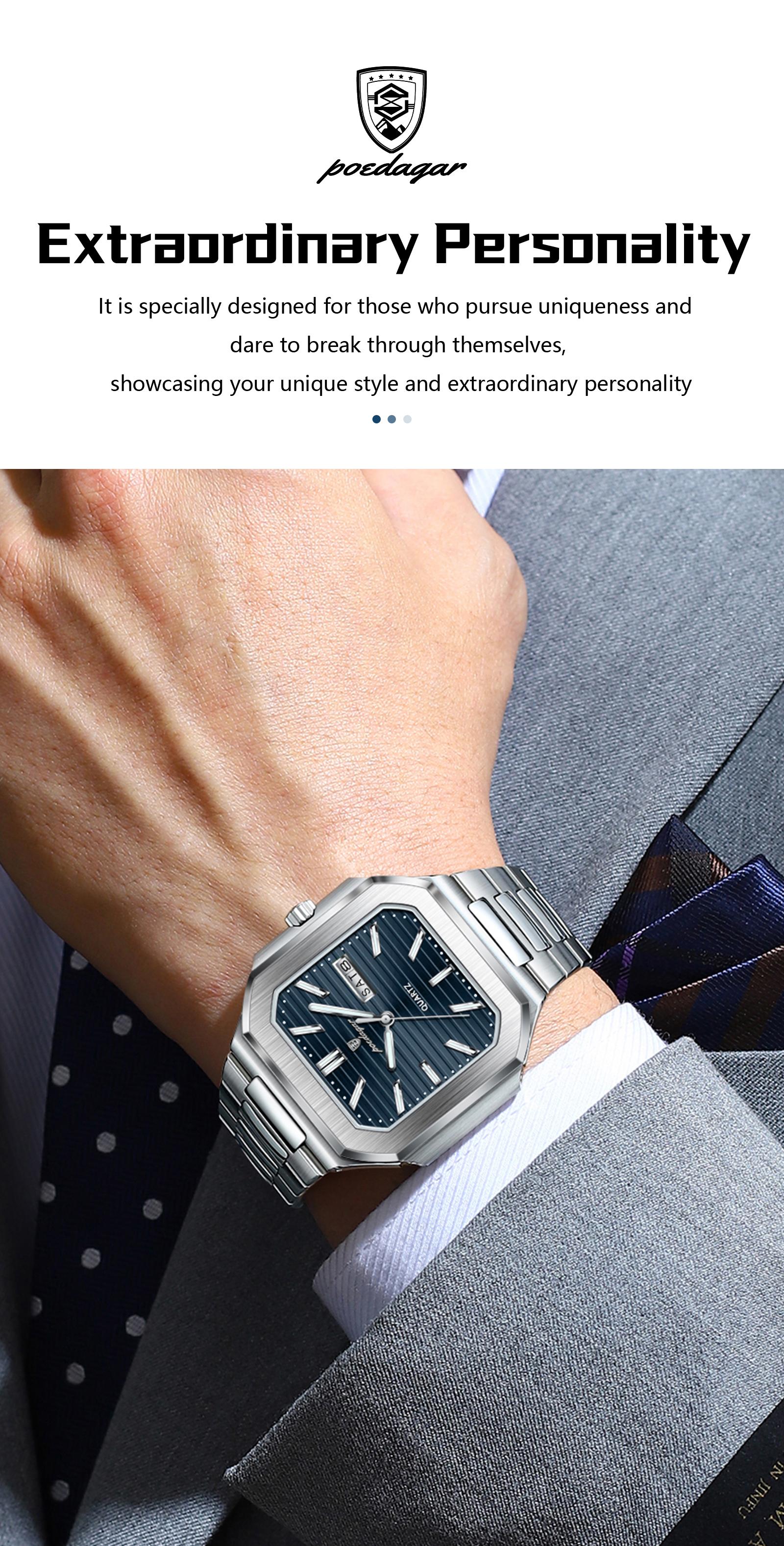 Poedagar square luxury fashion men's waterproof quartz watch, with luminous date and day display, stainless steel men's watch Square dial wristwatch