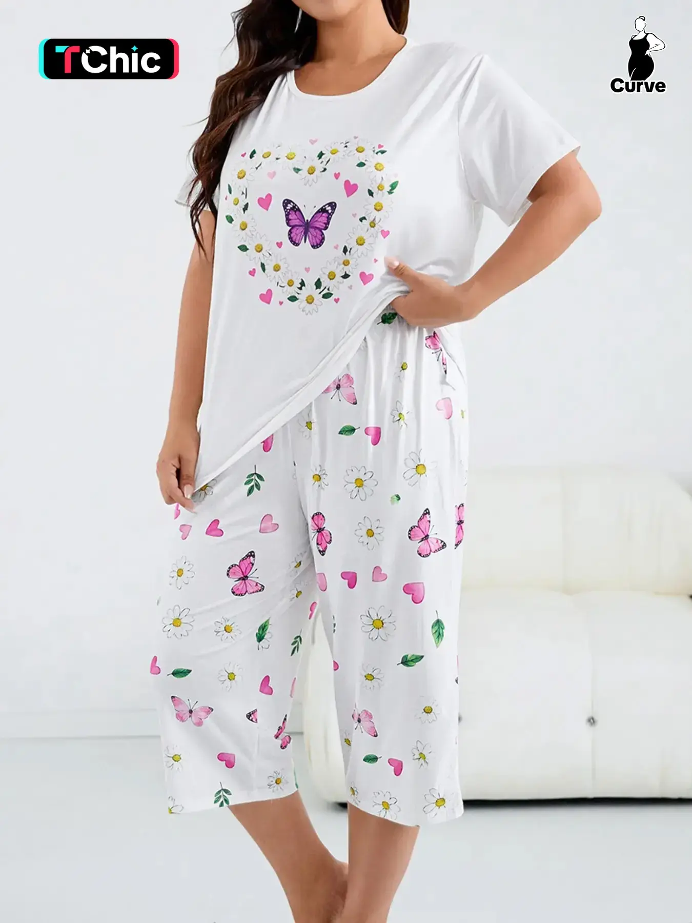 Large Size Romantic Butterfly Daisy Heart Print Short Sleeve Pajama Set, Comfortable Sleepwear, 2-Piece Loungewear Pjs, Loungewear Outfit