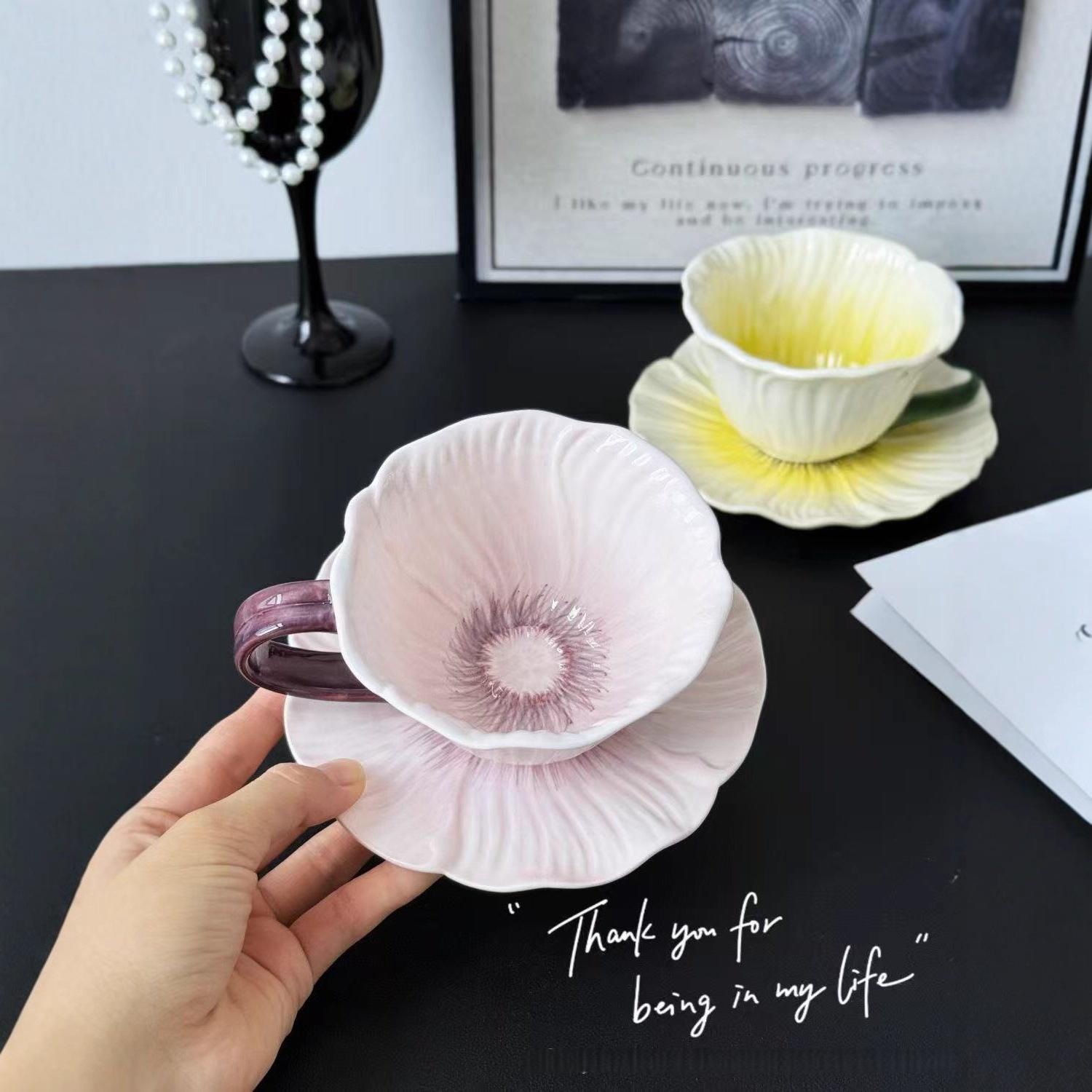 Elegant Coffee Cup Set for Women, Unique Design Ceramic Espresso Cups & Saucers, Perfect Gift for Afternoon Tea, Ceramic Matcha Set