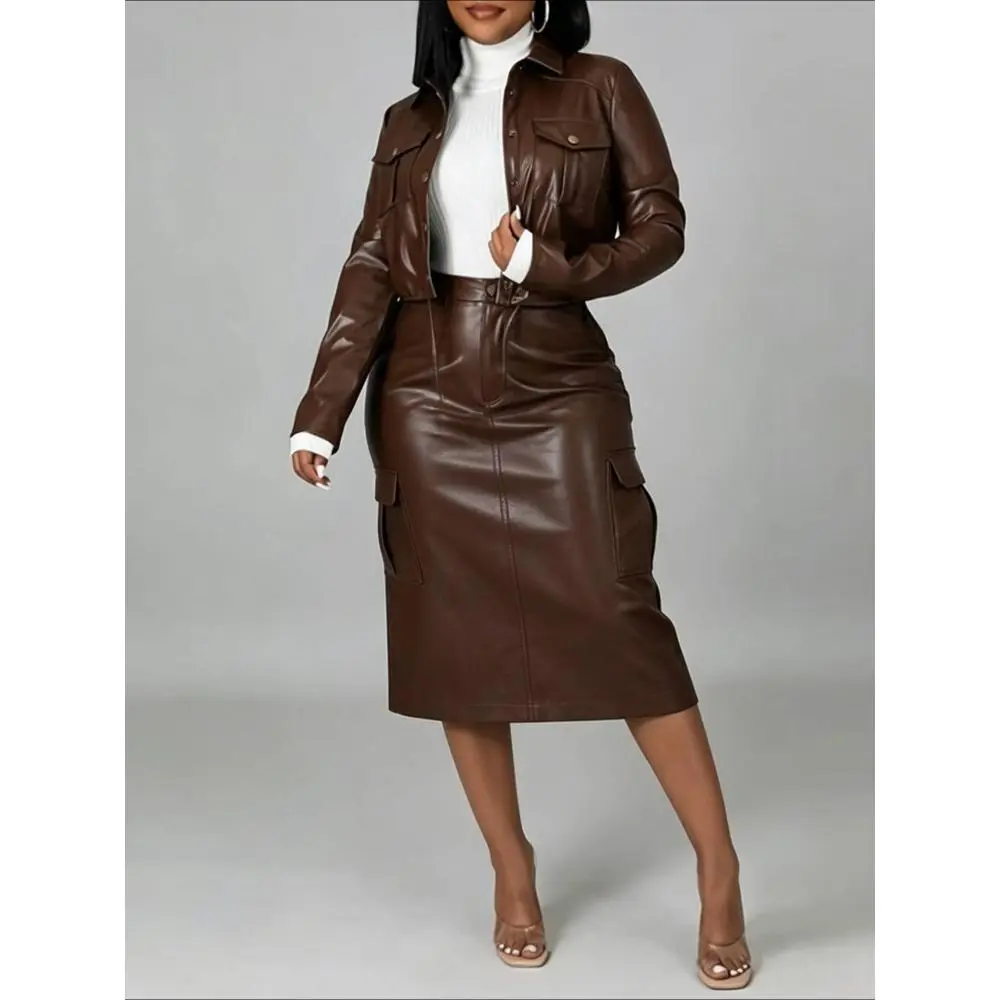 Women's Fall Winter 2-Piece Casual Commuter Outfit Set - Faux Leather Drawstring Cropped Jacket, Mid-Length Cargo Skirt, Slim-Fit Fashion Streetwear