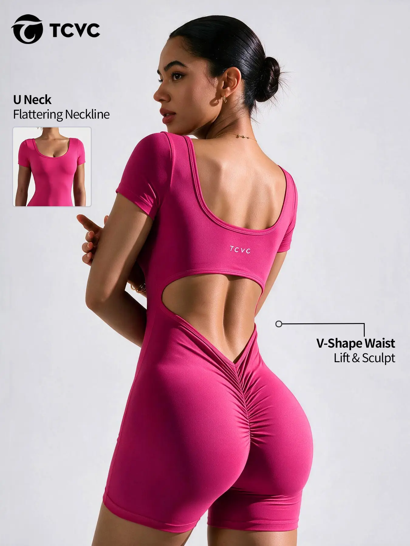 Women's Backless Short Sleeve Romper, Sporty V-Neck High Waist Yoga Suit, Stretchy Breathable Running Training Gear, Cute Athletic Workout Romper
