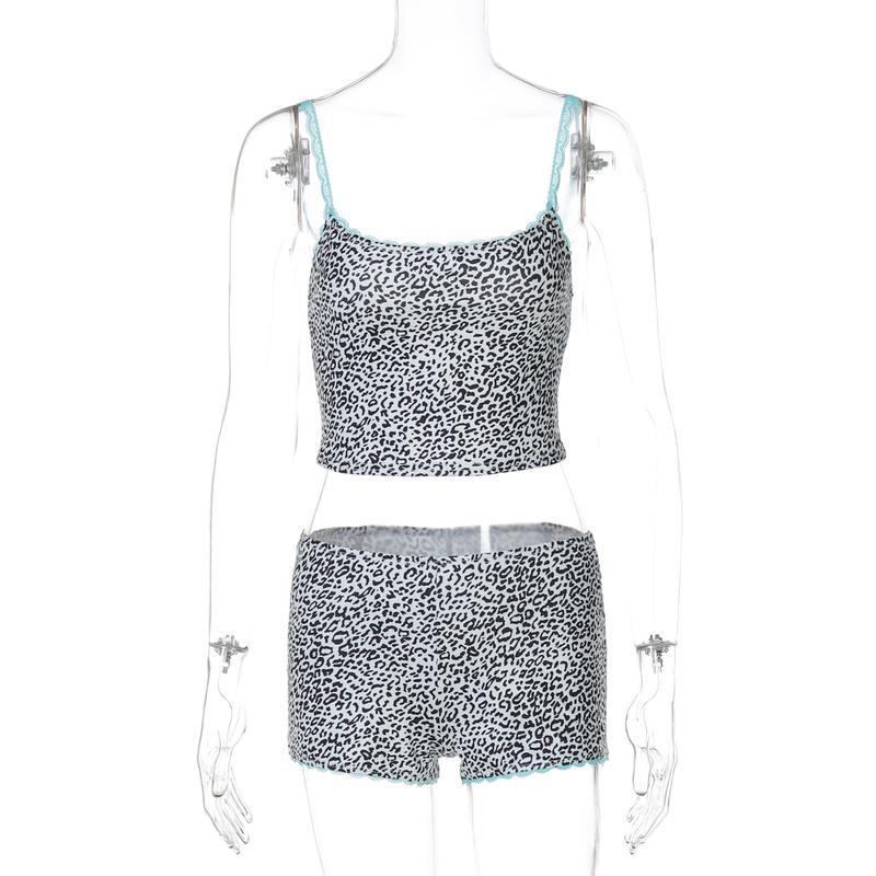 Sexy Casual Leopard Print Cami Top & Mid Waist Shorts Two Piece Set Contrast Lace Straps Trim for Women Summer Beach Vacation Outfits Party Dating Y2K Bodycon Suits