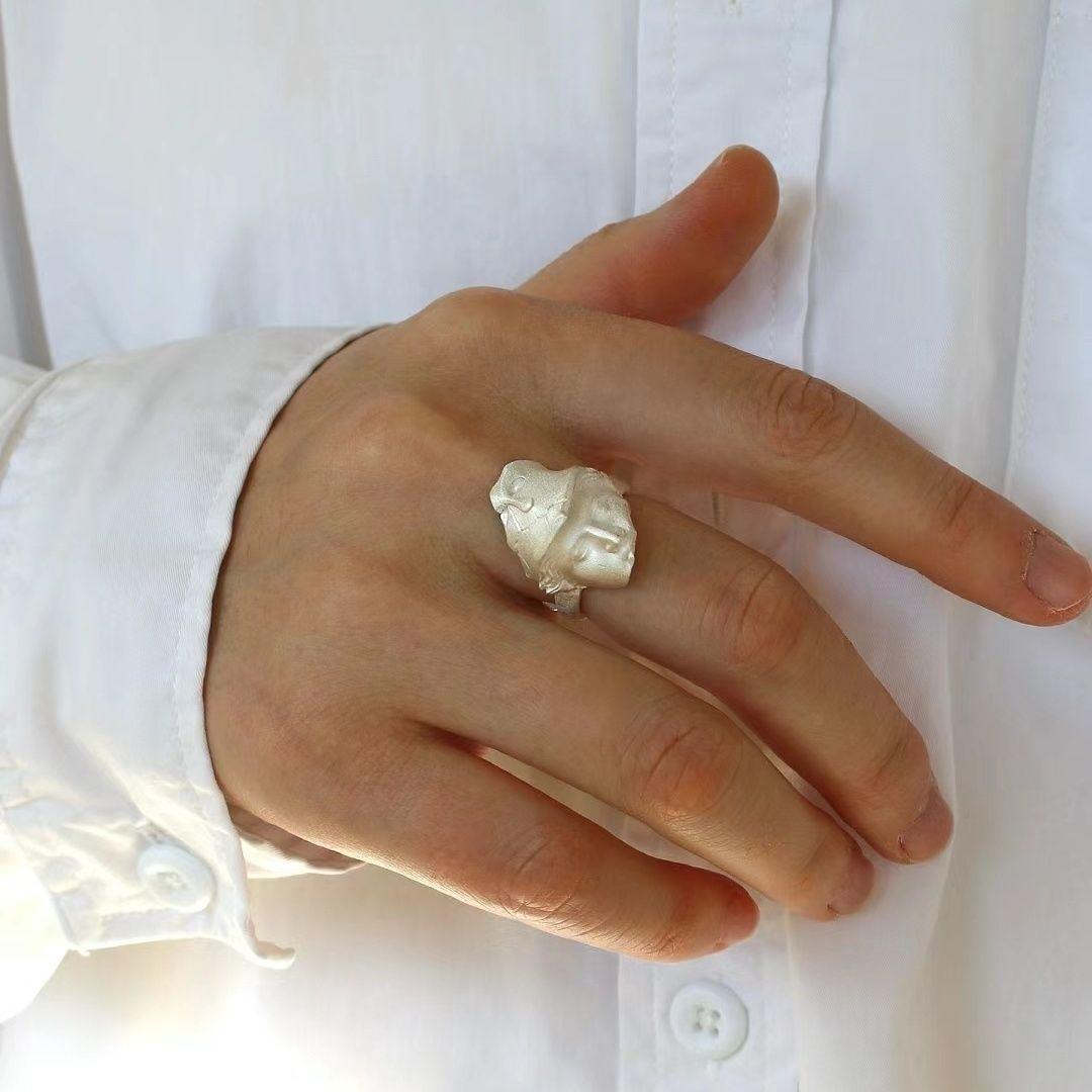 Human face ring matte hand-brushed long ring opening adjustment fashion niche design ring jewelry